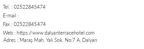 Dalyan Terrace Hotel telefon numaralar, faks, e-mail, posta adresi ve iletiim bilgileri
